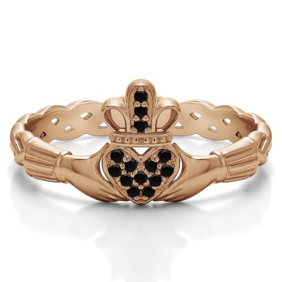 0.07 Carat Black Celtic Claddagh Wedding Ring with Pave Heart    in Rose Gold