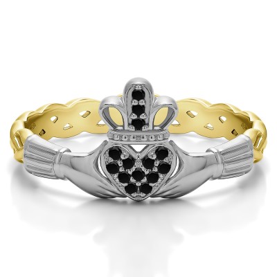 0.07 Carat Black Celtic Claddagh Wedding Ring with Pave Heart    in Two Tone Gold