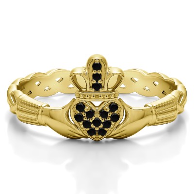 0.07 Carat Black Celtic Claddagh Wedding Ring with Pave Heart    in Yellow Gold