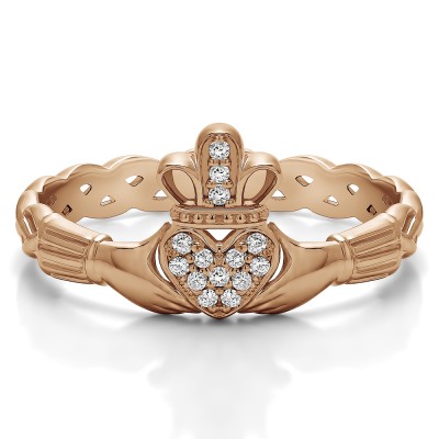 0.07 Carat Celtic Claddagh Wedding Ring with Pave Heart    in Rose Gold