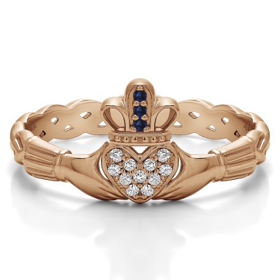 0.07 Carat Sapphire and Diamond Celtic Claddagh Wedding Ring with Pave Heart    in Rose Gold