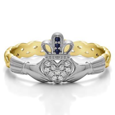 0.07 Carat Sapphire and Diamond Celtic Claddagh Wedding Ring with Pave Heart    in Two Tone Gold