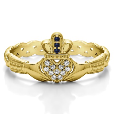 0.07 Carat Sapphire and Diamond Celtic Claddagh Wedding Ring with Pave Heart    in Yellow Gold