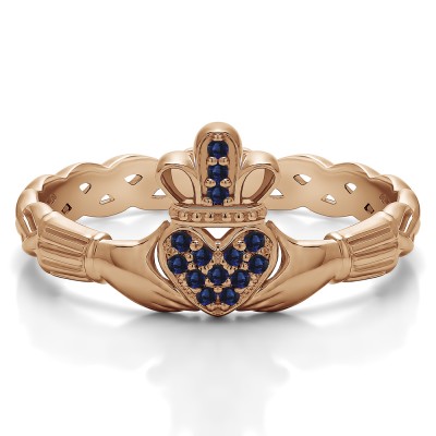 0.07 Carat Sapphire Celtic Claddagh Wedding Ring with Pave Heart    in Rose Gold