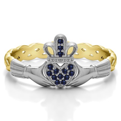 0.07 Carat Sapphire Celtic Claddagh Wedding Ring with Pave Heart    in Two Tone Gold