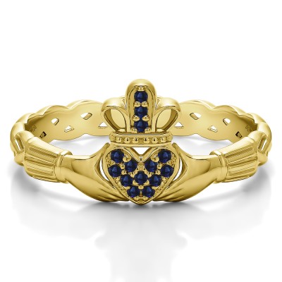 0.07 Carat Sapphire Celtic Claddagh Wedding Ring with Pave Heart    in Yellow Gold