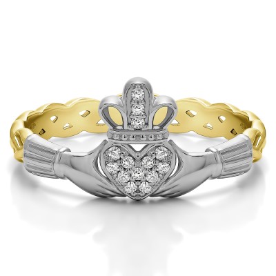 0.07 Carat Celtic Claddagh Wedding Ring with Pave Heart    in Two Tone Gold