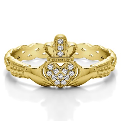 0.07 Carat Celtic Claddagh Wedding Ring with Pave Heart    in Yellow Gold