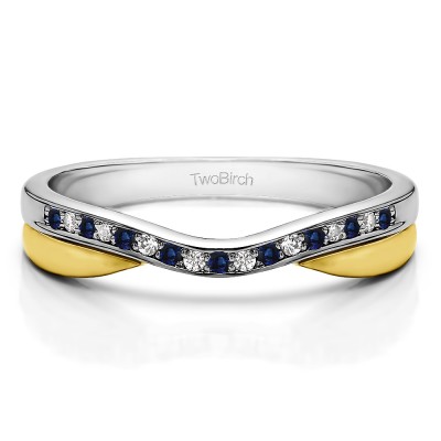 0.11 Ct. Sapphire and Diamond Metal Accented Curved Band in Two Tone Gold