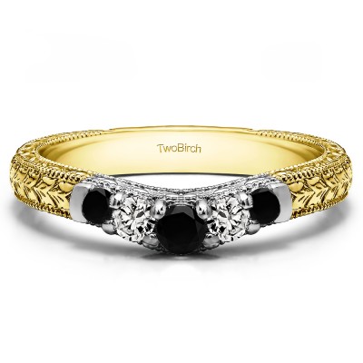 0.33 Ct. Black and White Vintage Engraved Curved Ring in Two Tone Gold