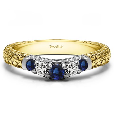 0.33 Ct. Sapphire and Diamond Vintage Engraved Curved Ring in Two Tone Gold