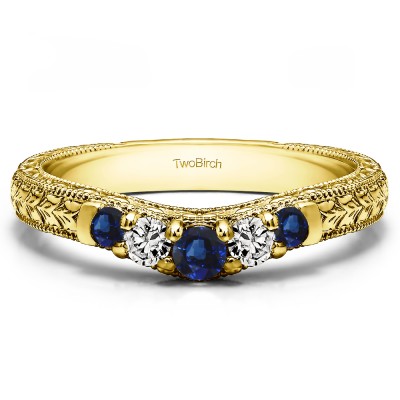 0.33 Ct. Sapphire and Diamond Vintage Engraved Curved Ring in Yellow Gold