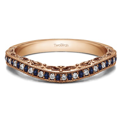 0.18 Ct. Sapphire and Diamond Filigree and Millgrained Vintage Contour Band in Rose Gold