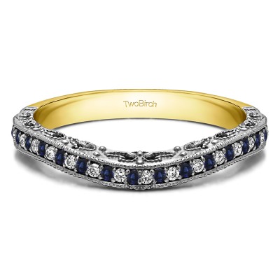 0.18 Ct. Sapphire and Diamond Filigree and Millgrained Vintage Contour Band in Two Tone Gold