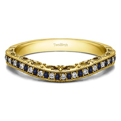 0.18 Ct. Sapphire and Diamond Filigree and Millgrained Vintage Contour Band in Yellow Gold