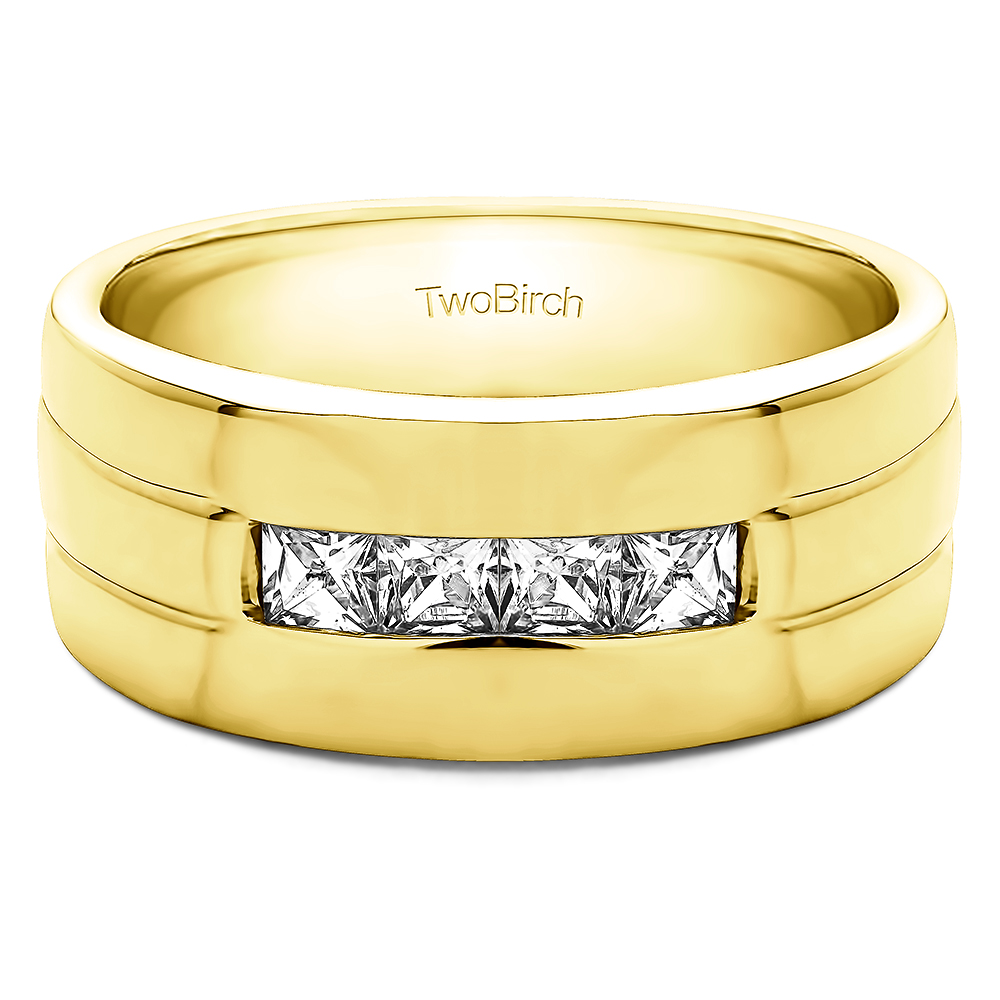 TwoBirch Men's Wedding Rings 1 Ct. Four Stone Channel Set Princess