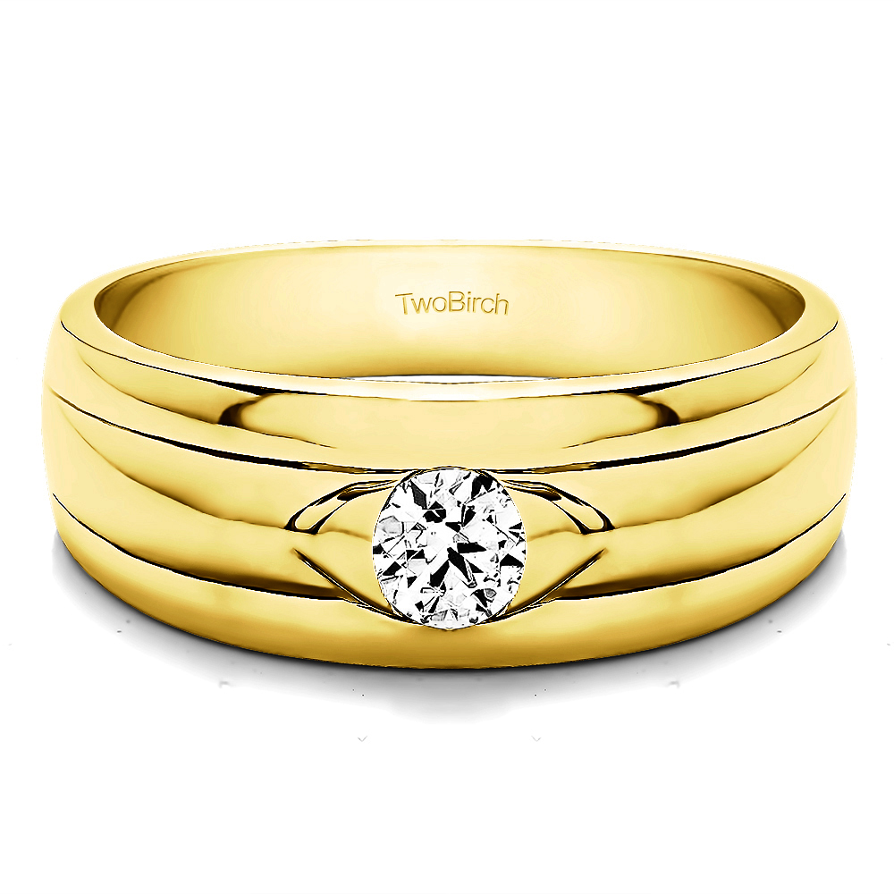 TwoBirch Men's Wedding Rings 0.51 Ct. Burnished Solitaire Men's Wedding Ring with Ribbed Shank