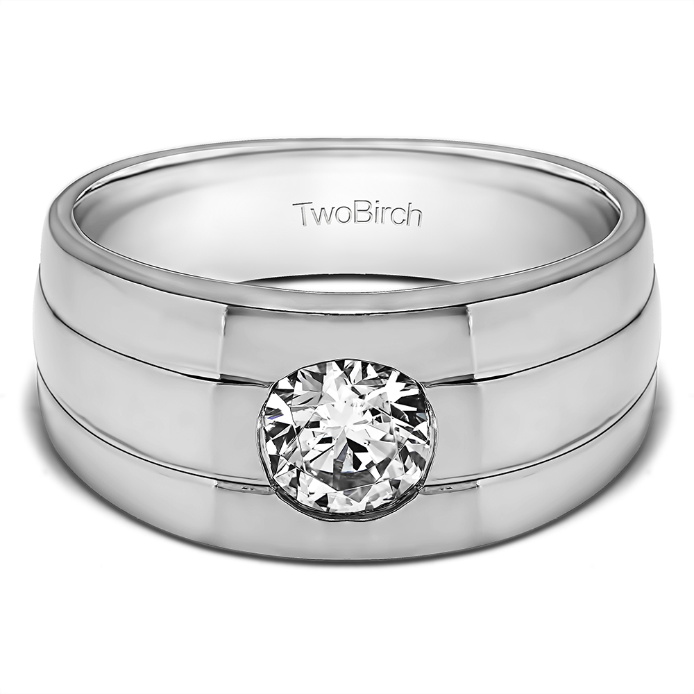 TwoBirch Men's Wedding Rings 0.74 Ct. Burnished Set Solitaire Men's