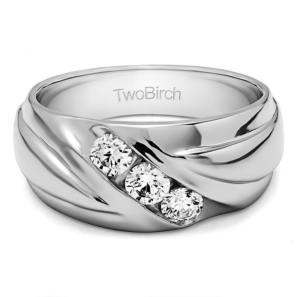 TwoBirch Men's Wedding Rings 0.15 Ct. Three Stone Channel Set Ribbed