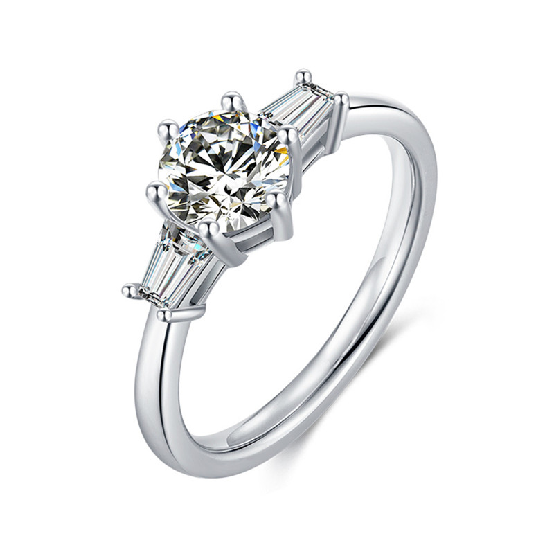 Twobirch Platinum Plated 925 Sterling Silver 1 ct Round Moissanite Engagement Ring with Cubic Zirconia Baguette Side Stones (Sizes 5 to 9)