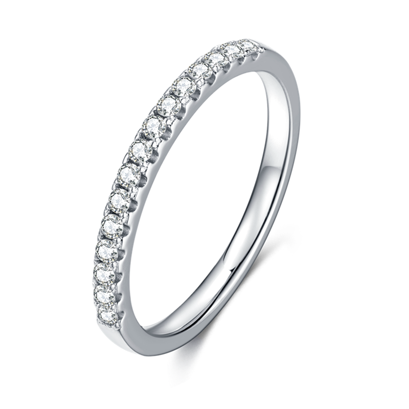 TwoBirch Platinum Plated 925 Sterling Silver Moissanite Shared Prong Set Dainty Wedding Band with 1.5 MM Stones Sizes 5 to 9 TL MO 0004