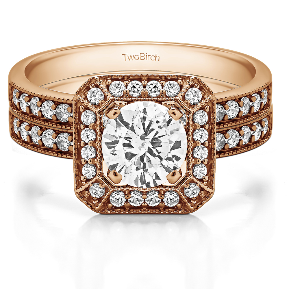 Millgrained Halo Engagement Ring Bridal Set (2 Rings) (1.48 Ct. Twt