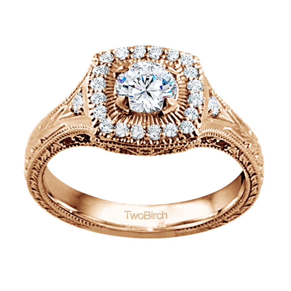 TwoBirch Engagement Ring 0.74 Ct. Engraved Vintage Square Shaped Halo
