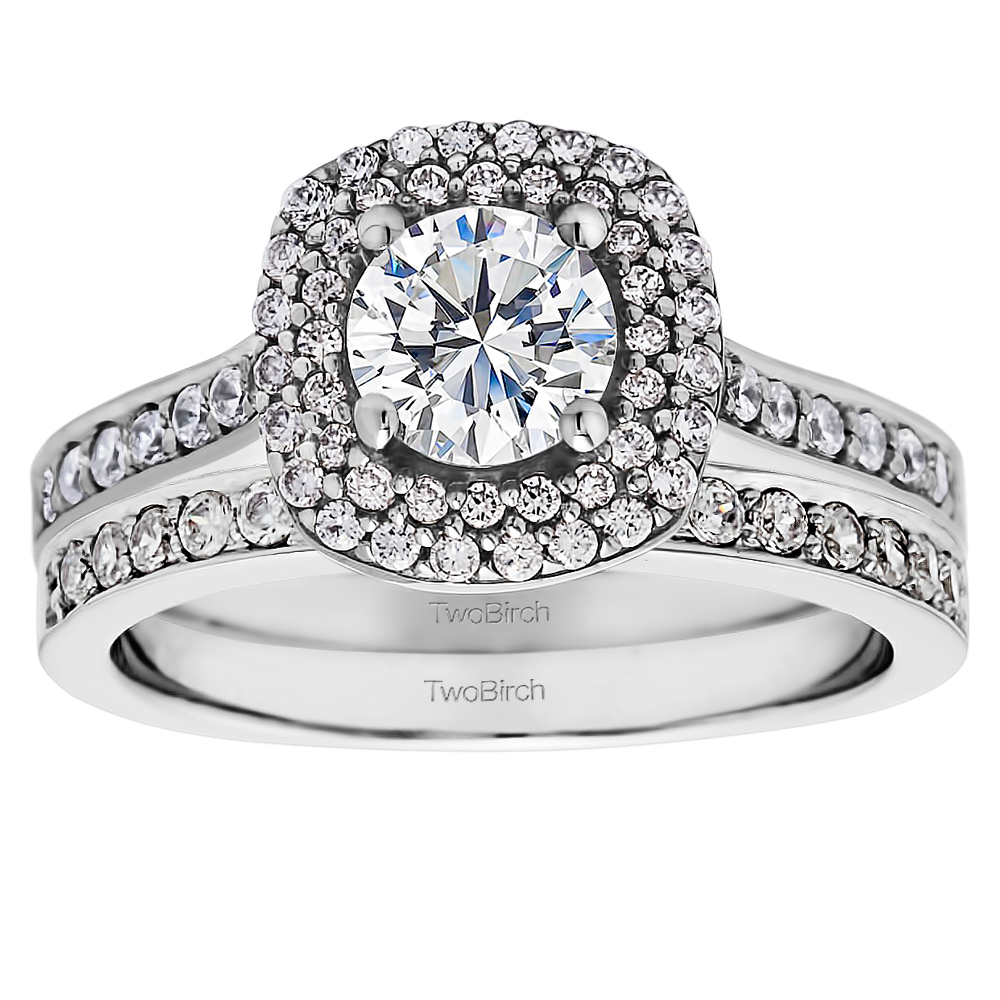 Round Double Halo Cathedral Engagement Ring Bridal Set (2 Rings) (1.46