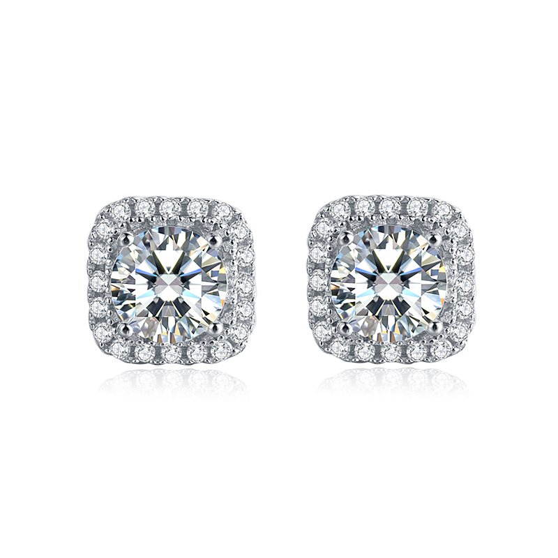 Platinum Plated Sterling Silver Moissanite Square Halo Stud Earrings in 4  Prongs (5 MM Round, 1 CT TWT DEW, CERTIFIED)