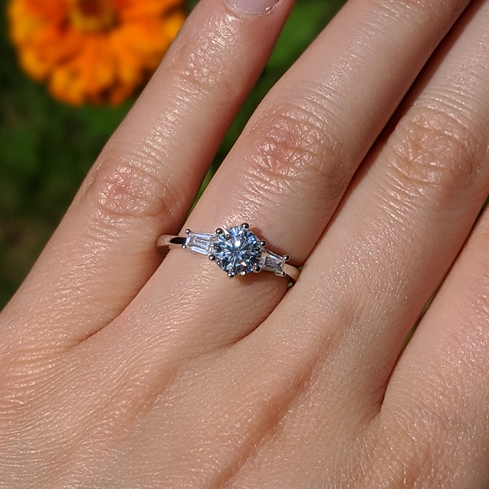 Moissanite Engagement Ring with Cubic Zirconia Baguette Side Stones