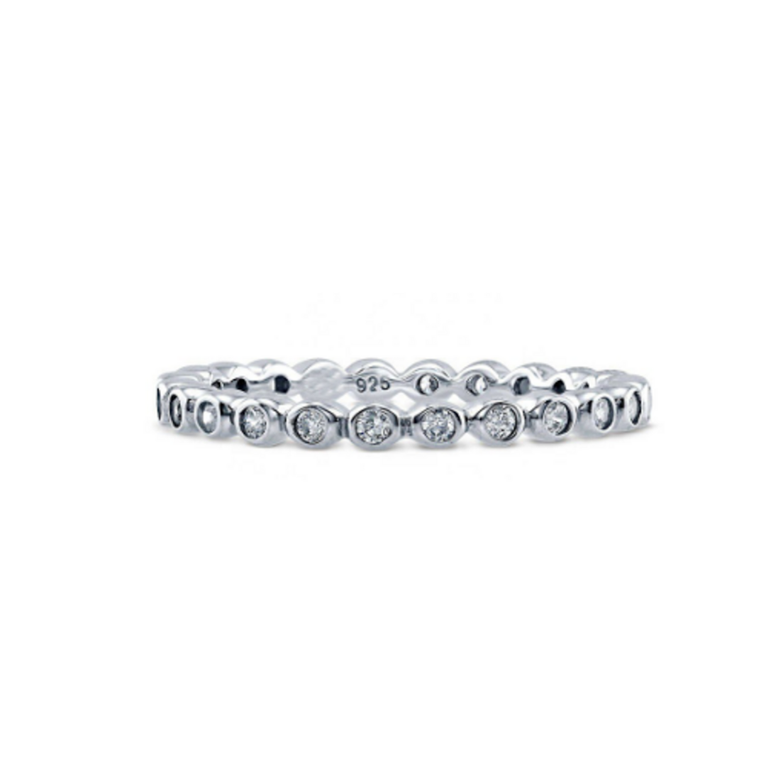 TwoBirch Platinum Plated Sterling Silver Bezel Set Round Cut Moissanite Eternity Ring GRA CERTIFIED 1.7 MM 